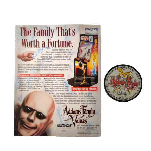 Addams Family Values Arcade FLYER + Plastic Pinball Promo Drink COASTER Original - Picture 1 of 3